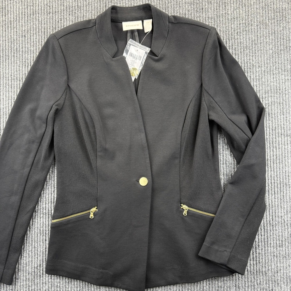 Chicos Blazer Womens 0‎ Black Ponte Rib Knit Jacket Gold Zip Pockets Stretch New